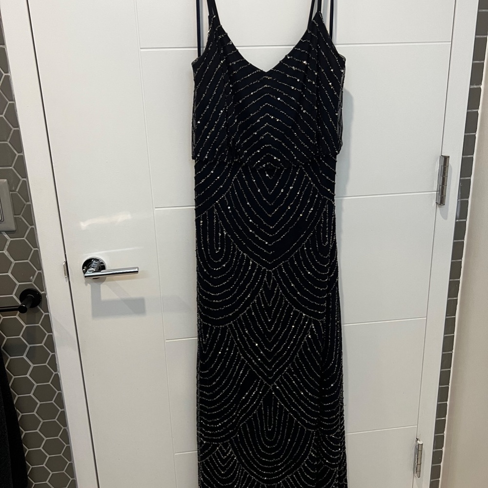 Adrianna Papell Art Deco Beaded Blouson Navy Full Length Formal Gown - Picture 8 of 14